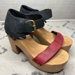 CH Boho Genuine Red Leather Wooden Strappy Platform Sandals